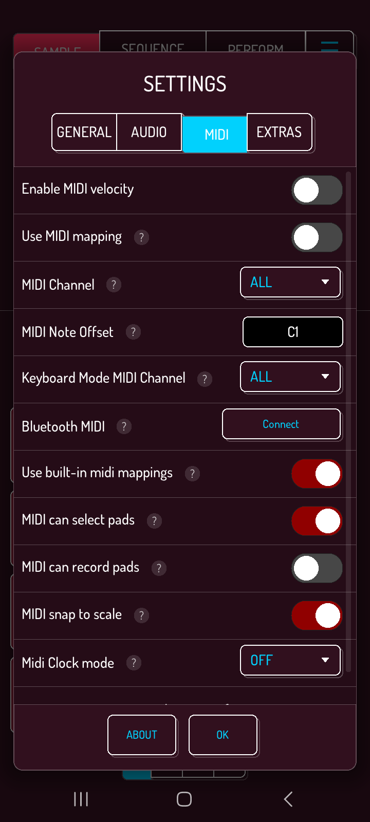 Midi settings page